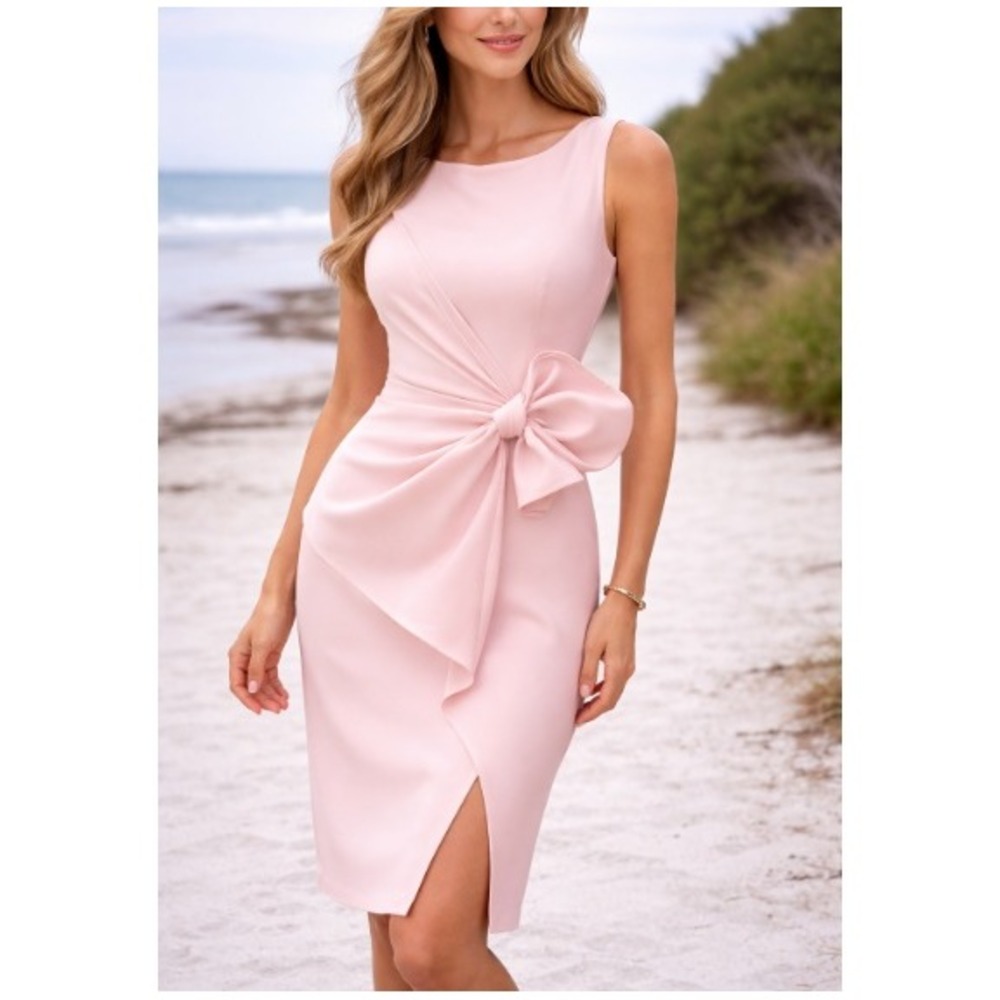 Fehaute Women's Pink 3D Bow Sleeveless Boat Neck Sheath Midi Dress Size L NWT